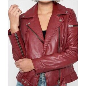 7 For All Mankind Red Leather Jacket with Silver Hardware Bomber $695 Size M